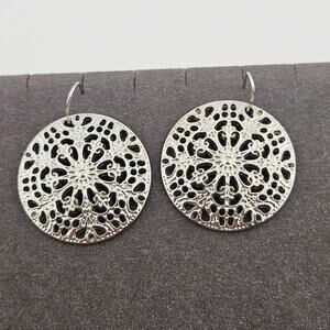 Silver Tone Round Medallion Earrings Statement Dangle Drop Hook Style Boho Artsy